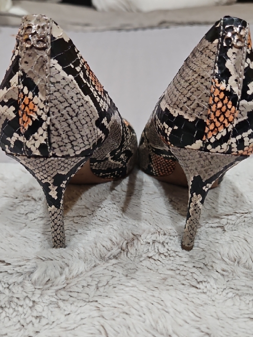 Coach Snake-Print Pointed Toe Pumps in Black and Cream with Peach Accents - Picture 4 of 6